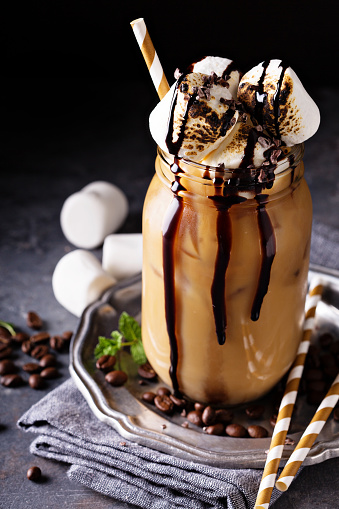 Iced coffee with toasted marshmallow and chocolate syrup
