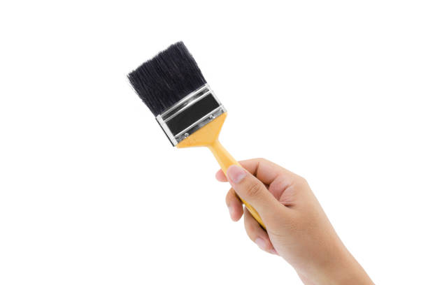 istock man hand with paint brush with wood handle isolated on a white background. 673748056