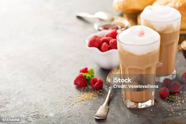 Hot Coffee Latte With Raspberry Syrup Stock Photo - Download Image Now - Raspberry, Latte, White Color