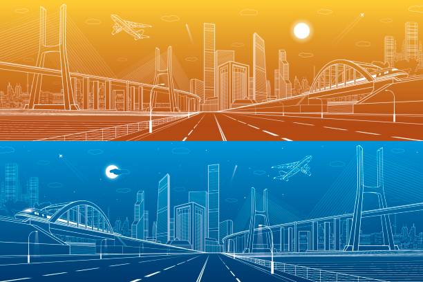 ilustrações de stock, clip art, desenhos animados e ícones de infrastructure panorama. large cable-stayed bridge. train move on the bridge. airplane fly. modern city on background, towers and skyscrapers, day and night version, vector design art - cable stayed bridge illustrations
