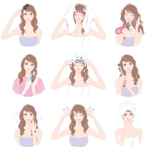 ilustraciones, imágenes clip art, dibujos animados e iconos de stock de mujeres que hacen el pelo cuidado - hair care hairbrush hair dryer human hair