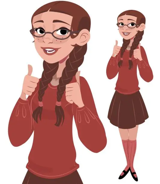 Vector illustration of Nerdy Girl 2 Thumbs Up