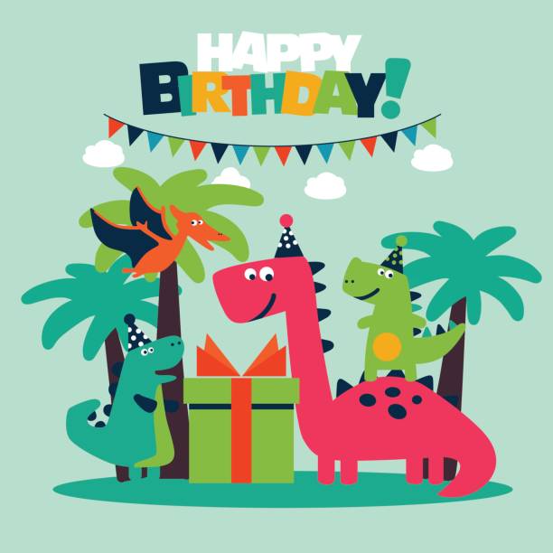 alles gute zum geburtstag-schöne vektor-karte mit lustige dinosaurier - baby congratulating toy birthday stock-grafiken, -clipart, -cartoons und -symbole
