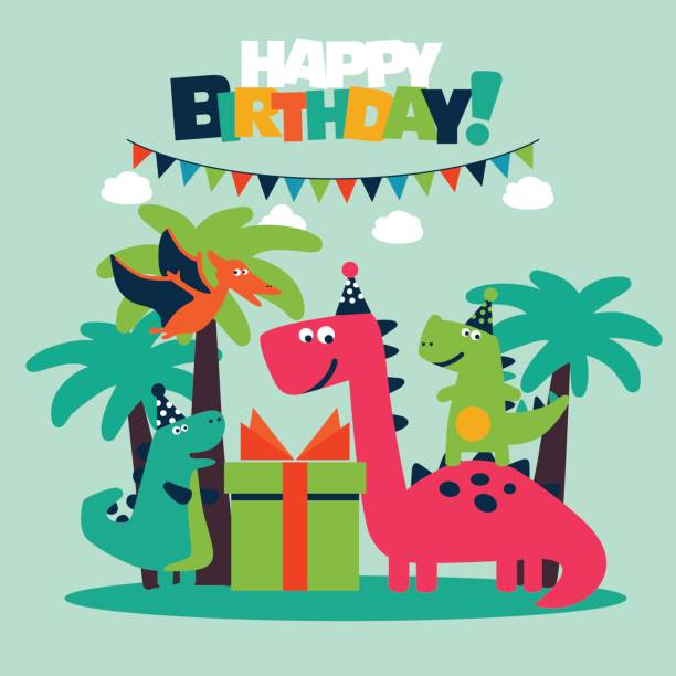 ilustrações de stock, clip art, desenhos animados e ícones de happy birthday - lovely vector card with funny dinosaurs - baby congratulating toy birthday