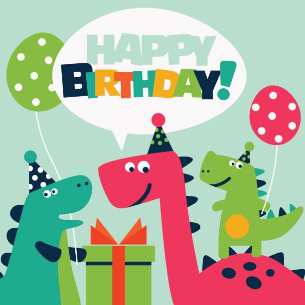 illustrazioni stock, clip art, cartoni animati e icone di tendenza di biglietto di compleanno carino con dinosauri e palloncini - baby congratulating toy birthday