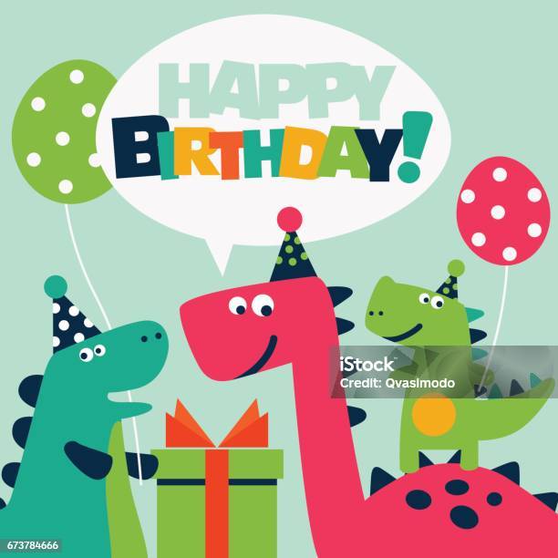 Cute Birthday Card With Dinosaurs And Balloons Stock Illustration - Download Image Now - Birthday, Child, Dinosaur