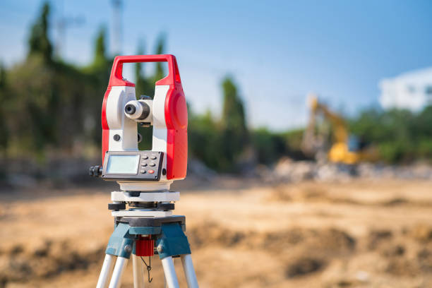 Surveyor equipment theodolite outdoors at construction site
