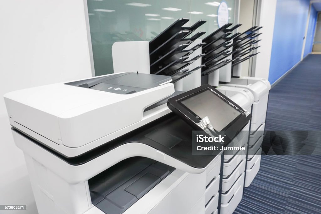 Office Printer File Setup Close Up Office Printers Set Up Ready For Printing Business Documents ...