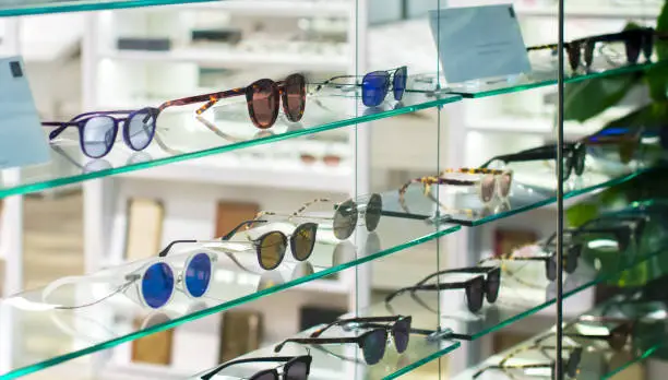 Sunglasses and Fashion Eyewear in a shop window optician.