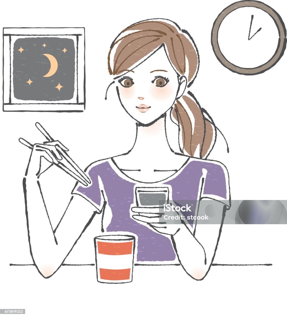 夜の軽食を取る女性 - イラストレーションのロイヤリティフリーベクトルアート