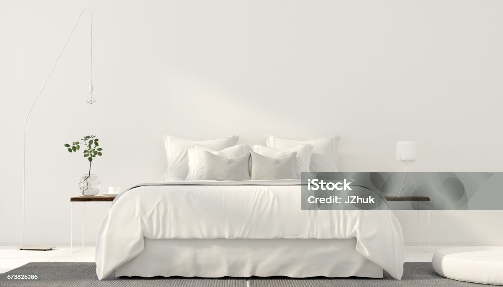 Minimalistic interior of white bedroom 3D illustration. Minimalistic interior of white bedroom Bedroom Stock Photo