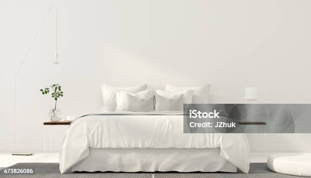 Minimalistic Interior Of White Bedroom Stock Photo - Download Image Now - Bedroom, White Color, Bed - Furniture
