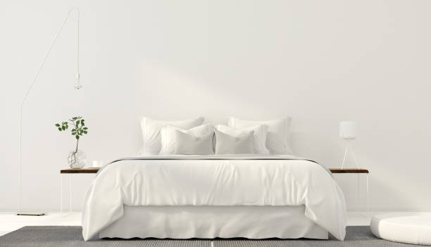 minimalistic interior of white bedroom - showcase interior inside of domestic room indoors imagens e fotografias de stock