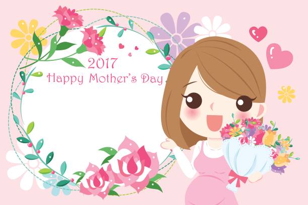 happy mother day cute cartoon happy mother day for your concept cute pregnant woman with gift stock illustrations