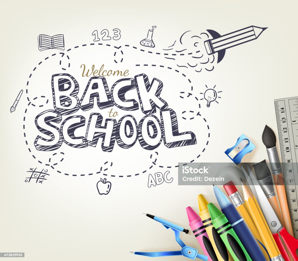Regresar al concepto escuela Doodle en fondo blanco con elementos - arte vectorial de Comienzo del año escolar libre de derechos