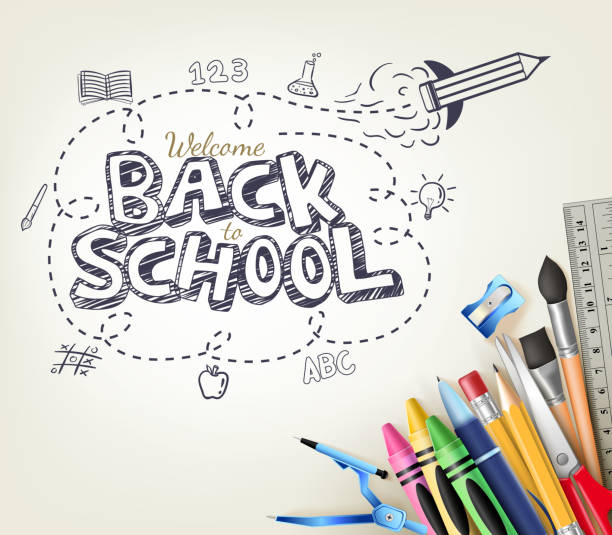 アイテムで白い背景に学校落書きコンセプトに戻る - school supplies child back to school book点のイラスト素材／クリップアート素材／マンガ素材／アイコン素材