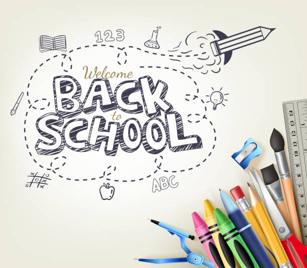 powrót do szkoły doodle koncepcji w białym tle z elementami - back to school blackboard education apple stock illustrations