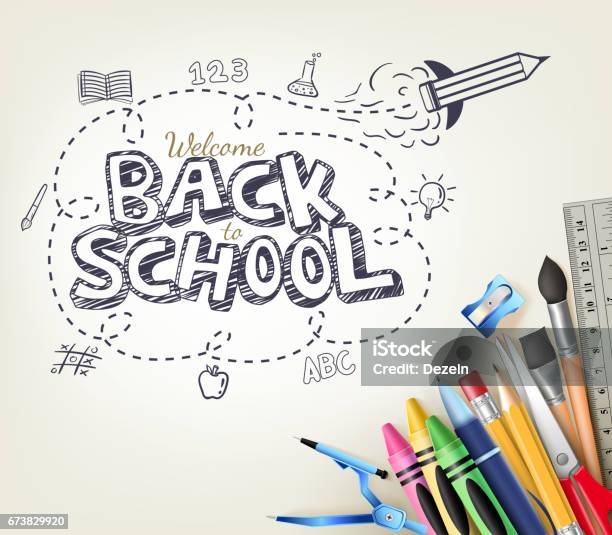 Back To School Doodle Concept In White Background With Items Stock Illustration - Download Image Now