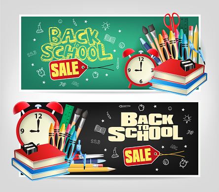 Back to School Sale Die cut Banners with Colorful School Elements. Vector Illustrator