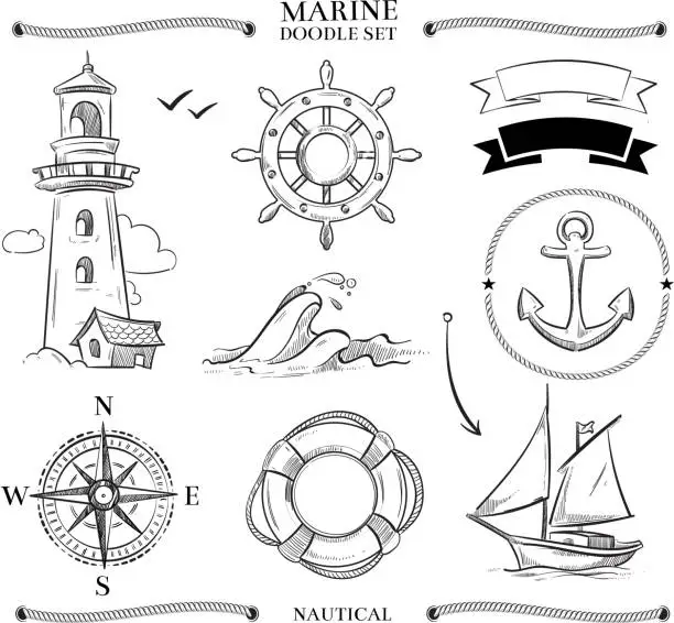 Vector illustration of Rope frames, boats, marine knots, anchors nautical vector doodle set