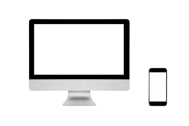 elegante moderno pc y smartphone con pantalla en blanco aislada en fondo blanco. - laptop pc isolated computer fotografías e imágenes de stock