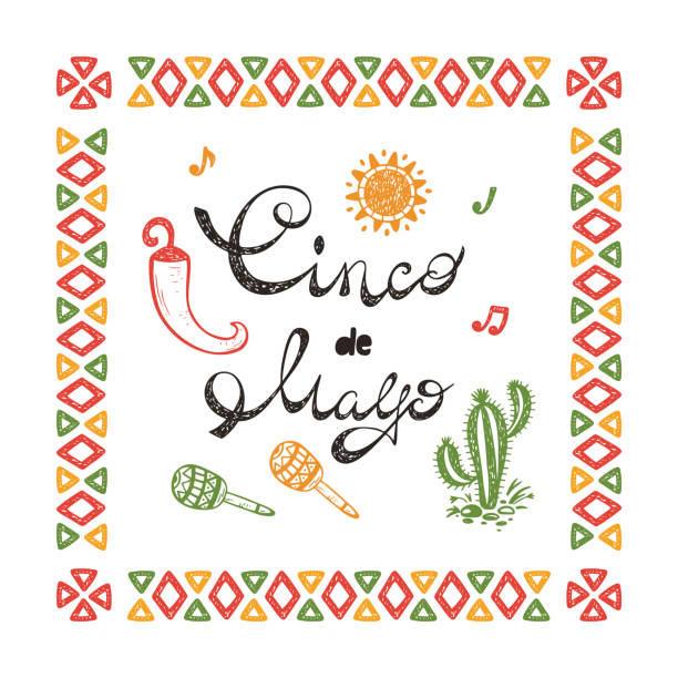 mexiko. mexikanischer feiertag. synco de mayo vektor grußkarte mit handgezeichneten doodle kaktus, maracas, sonne, pfeffer-chili - traditionelles dekor stock-grafiken, -clipart, -cartoons und -symbole
