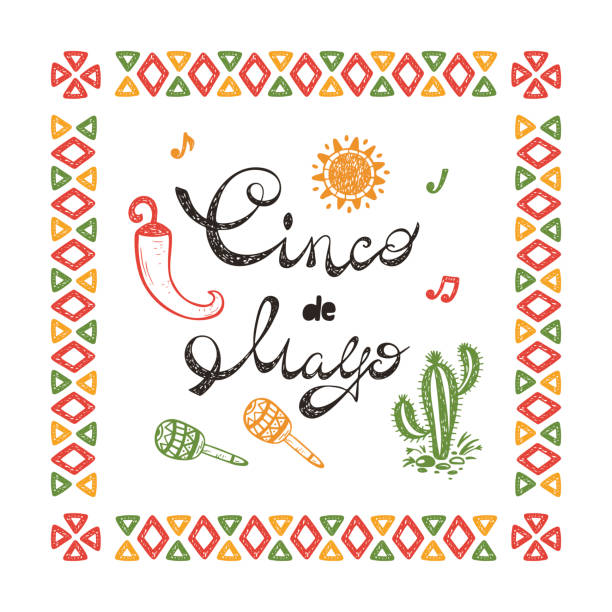 Mexico. Mexican holiday. Synco de Mayo Vector Greeting Card with Hand drawn doodle Cactus, Maracas, Sun, Pepper Chili Mexico. Mexican holiday. Synco de Mayo Vector Greeting Card with Hand drawn doodle Cactus, Maracas, Sun, Pepper Chili chili pepper border stock illustrations
