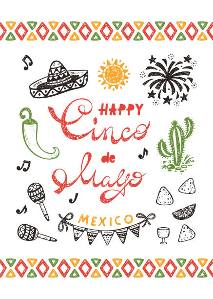 ilustrações de stock, clip art, desenhos animados e ícones de mexico. mexican holiday. happy synco de mayo vector greeting card with hand drawn doodle sombrero, cactus, maracas, sun, pepper chili, nachos, firework, bunting flags - mexican culture cinco de mayo backgrounds sombrero