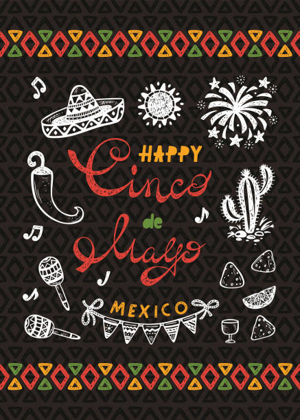 mexiko. mexikanischer feiertag. glücklich synco de mayo vektor grußkarte mit handgezeichneten doodle sombrero, kaktus, maracas, sonne, chili pepper, nachos, feuerwerk, bunting flags - karneval feier stock-grafiken, -clipart, -cartoons und -symbole