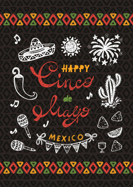 ilustraciones, imágenes clip art, dibujos animados e iconos de stock de méxico. fiesta mexicana. tarjeta de felicitación de vector de synco de mayo feliz con hand drawn doodle sombrero, cactus, maracas, el sol, pimiento chile, nachos, fuegos artificiales, banderas del empavesado - mexican culture cinco de mayo backgrounds sombrero