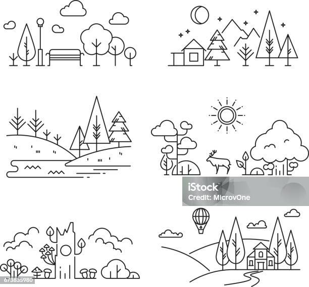Krajobraz Przyrody Zarys Ikony Z Drzewa Rośliny Góry Rzeka - Stockowe grafiki wektorowe i więcej obrazów Lineart