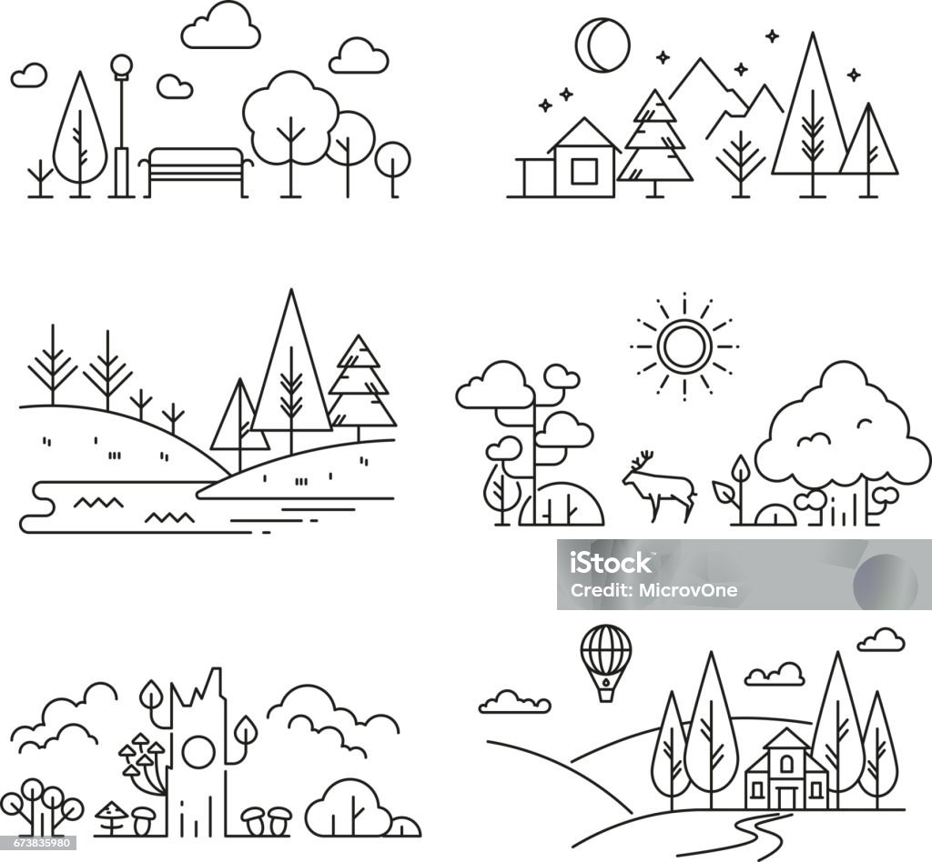 Natur landskap disposition ikoner med träd, växter, bergen, floden - Royaltyfri Line Art vektorgrafik