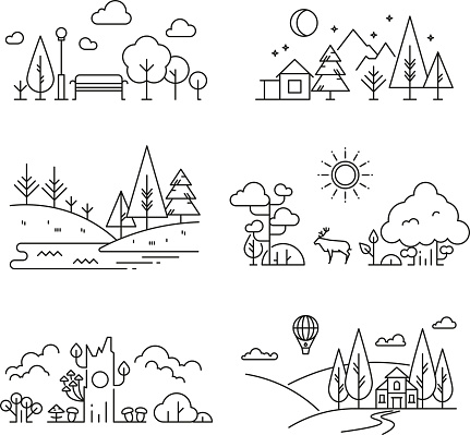 Nature landscape outline icons with tree, plants, mountains, river. River and mountain landscape, illustration of linear nature landscape
