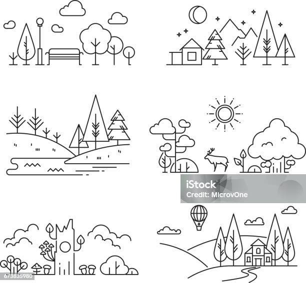 Nature Landscape Outline Icons With Tree Plants Mountains River Stock Illustration - Download Image Now