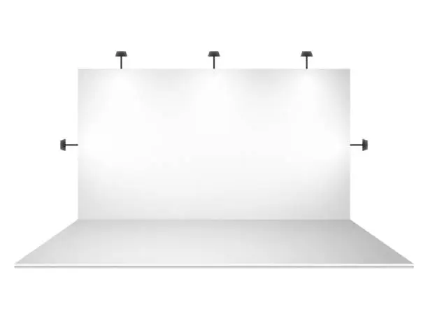 Vector illustration of Blank white trade show booth with lighting
