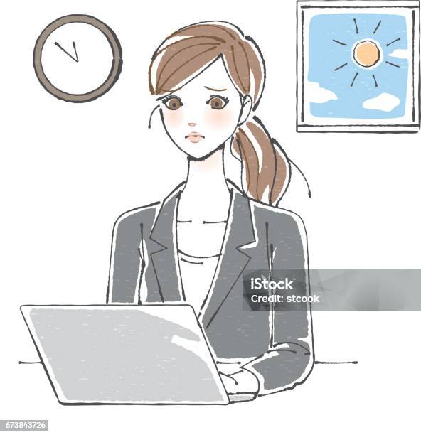 A Woman Who Can Not Concentrate On Work Stock Illustration - Download Image Now - 20-24 Years, 20-29 Years, 30-39 Years