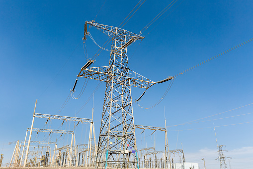 transformer substation against a blue sky, electric power concept