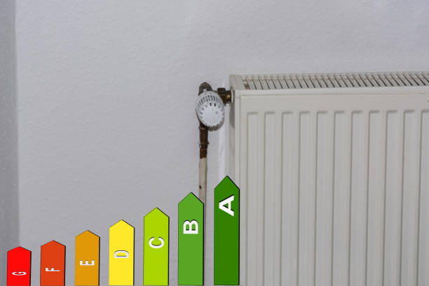 Energy efficiency classes Symbol, radiators and smartphone. Concept, temperature setting heating via smartphone with temperatur stock pictures, royalty-free photos & images