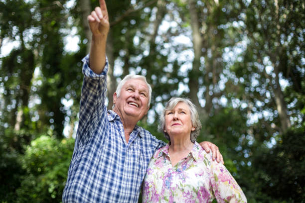 istock Senior man pointing while standing by wife in back yard 673865304