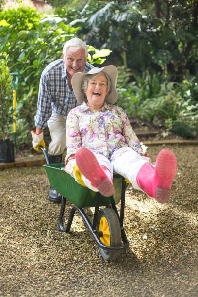 istock Happy senior couple playing with wheelbarrow 673867614