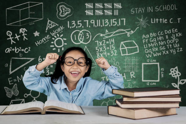 istock Student lifting hands with books and doodle in classroom 673873022