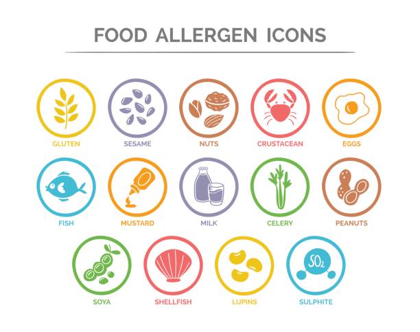 Food Allergen Icons Set Food safety allergy icons set. 14 food ingredients that must be declared as allergens in the EU. EPS 10 vector. Useful for restaurants and meals. allergy icon stock illustrations