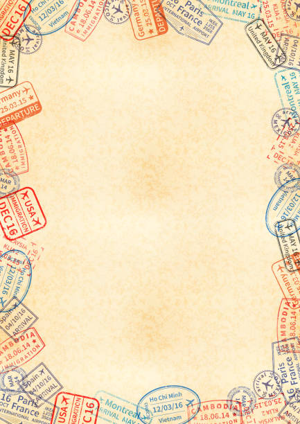 縦 a4 サイズ イエロー シートは古いフレーム別の旅行ビザ切手から作られた紙します。 - passport passport stamp usa travel点のイラスト素材／クリップアート素材／マンガ素材／アイコン素材