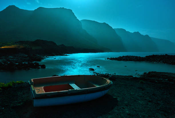 night time in Tenerife, view of Log GIgantes in the moon light. no people, horizontal nature background.