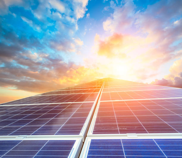 istock Solar energy panels at sunset 673932782