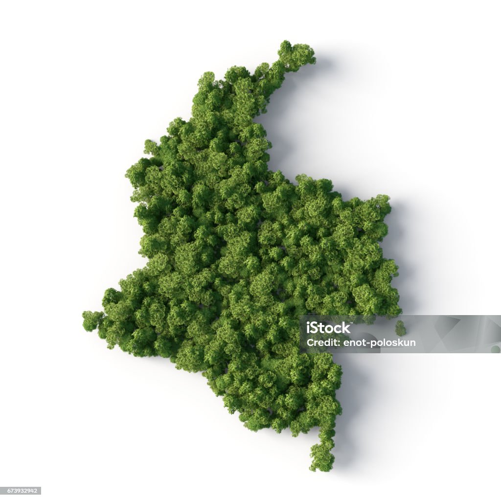forest in colombia map shape 3d image on white background Colombia Stock Photo