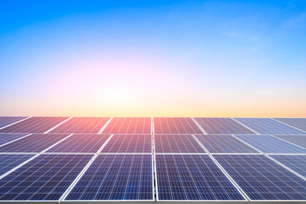 istock Solar energy panels scene in the sunset 673939530