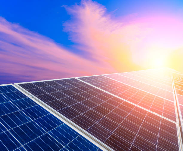 istock Solar energy panels scene in the sunset 673944086