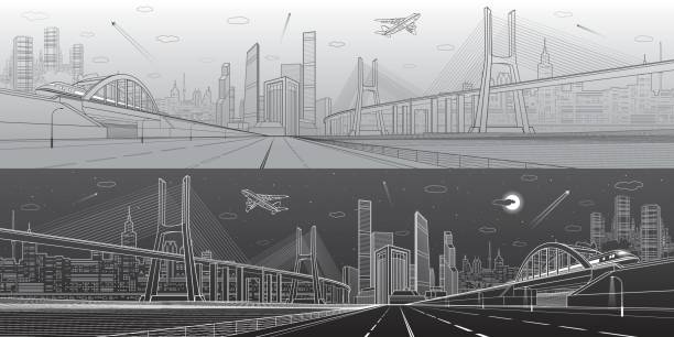 ilustrações de stock, clip art, desenhos animados e ícones de infrastructure panorama. large cable-stayed bridge. train move on the bridge. airplane fly. empty highway. modern city on background, towers and skyscrapers. day and night version. vector design art - cable stayed bridge illustrations