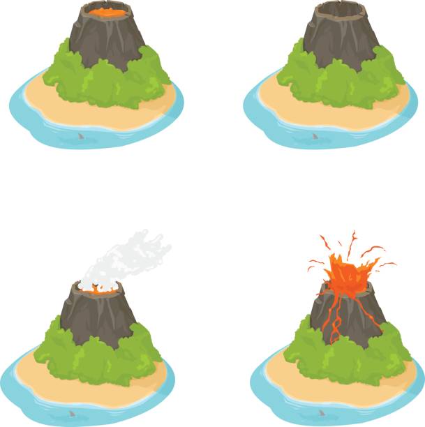 ilustrações de stock, clip art, desenhos animados e ícones de vector volcano icons. - isometric sea coastline beach